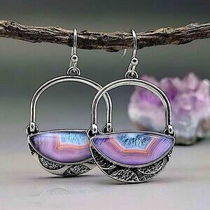 Vintage Handmade Silver Purple Hollow Out Boho Dangle Earrings